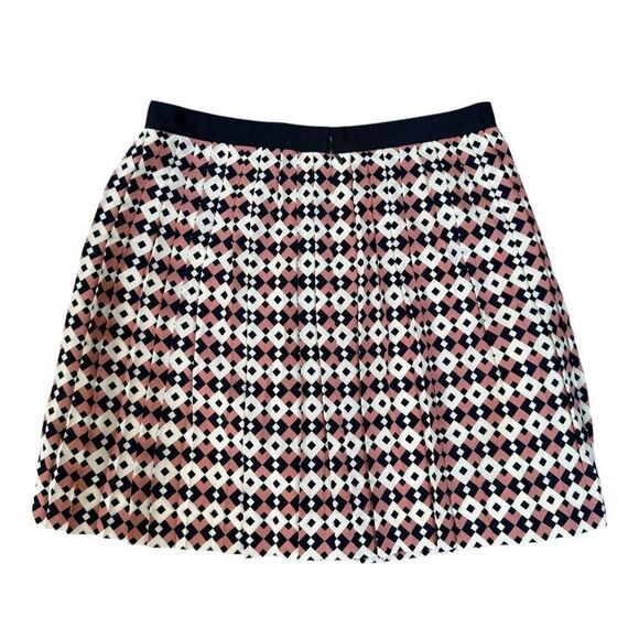 J. Crew Geometric Tile Print Pleated 100% Silk Skirt Size 4 Navy Blue Dusty Pink - Picture 2 of 6